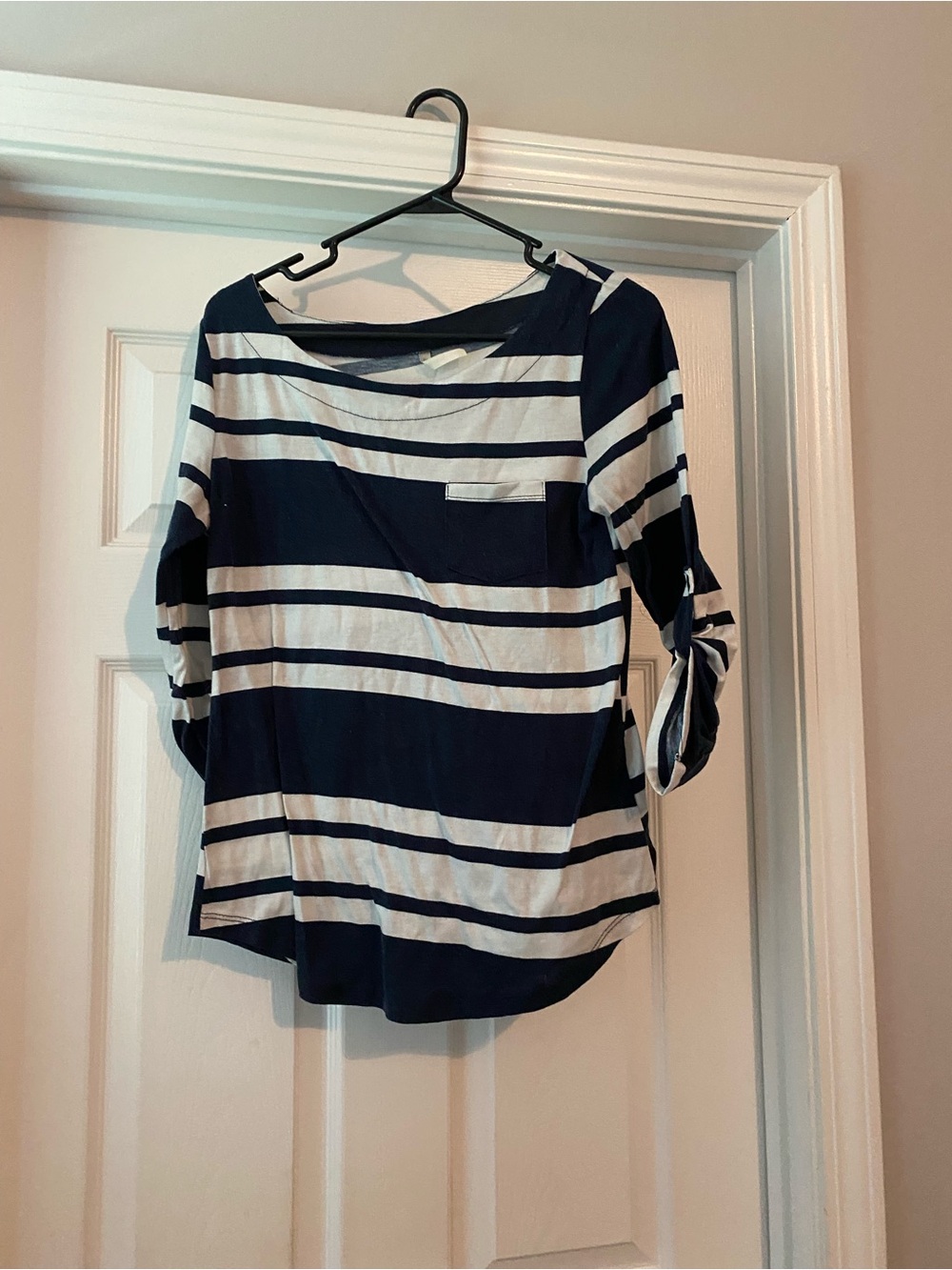 DNA couture Navy and White Striped Boatneck Top